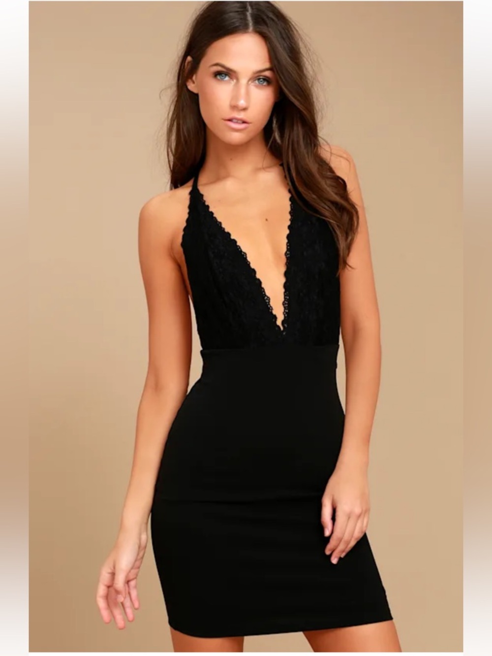 Lulus Sultry Nights Black Lace Plunge Bodycon Dress Size Small